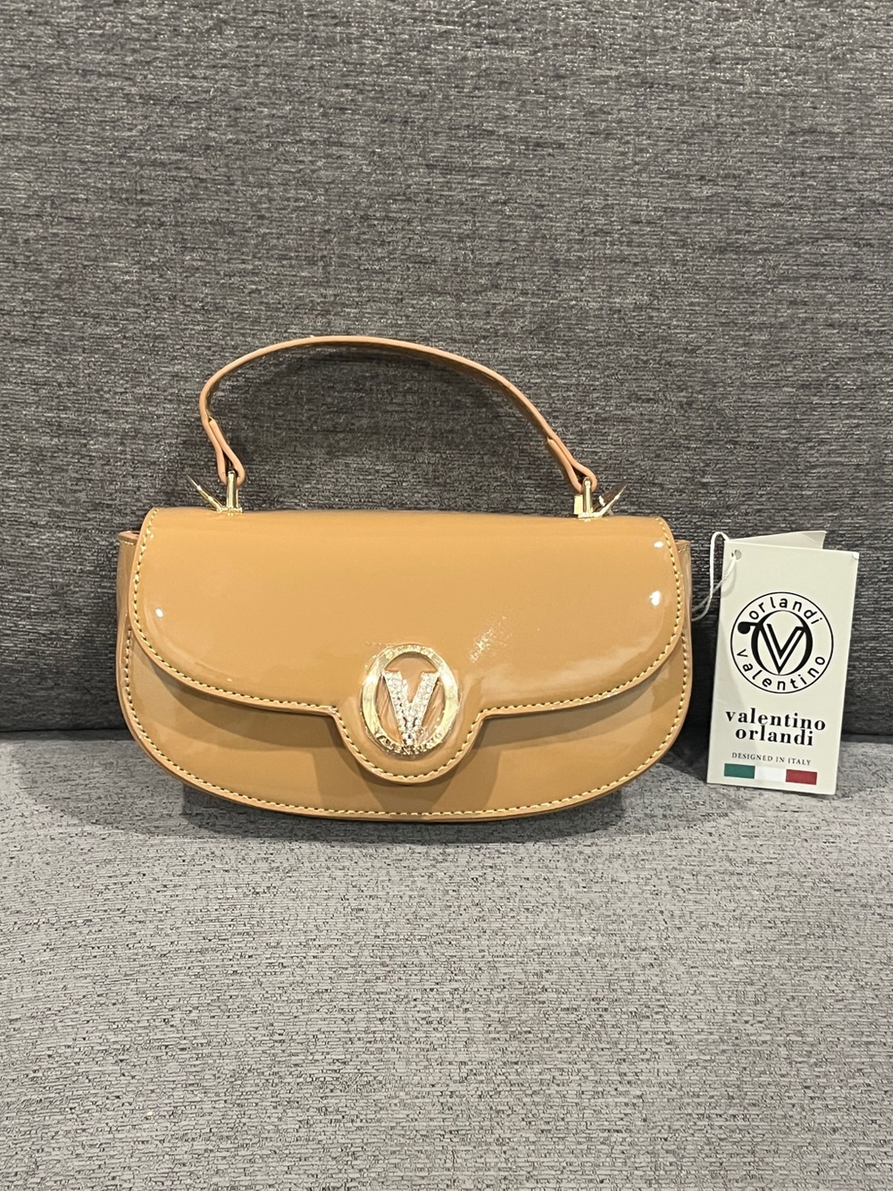 Valentino Orlandi Patent Leather Mini Top-Handle Bag in Tan